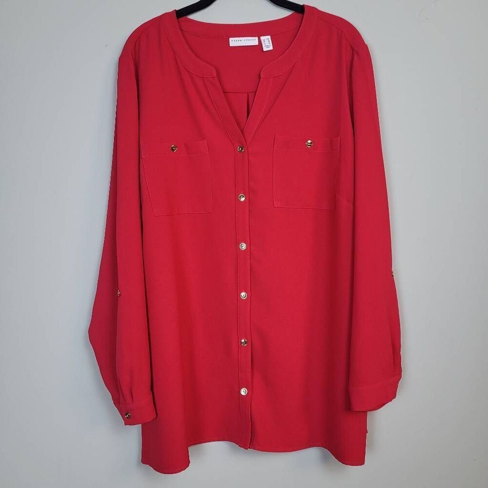 Susan Graver 20W Button Down Tunic Top Red Roll Tab Sleeves Chest Pockets V Neck